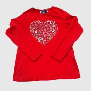 Karen Scott Love Knit Graphic Print Top Size Small 100% Cotton Holiday Core